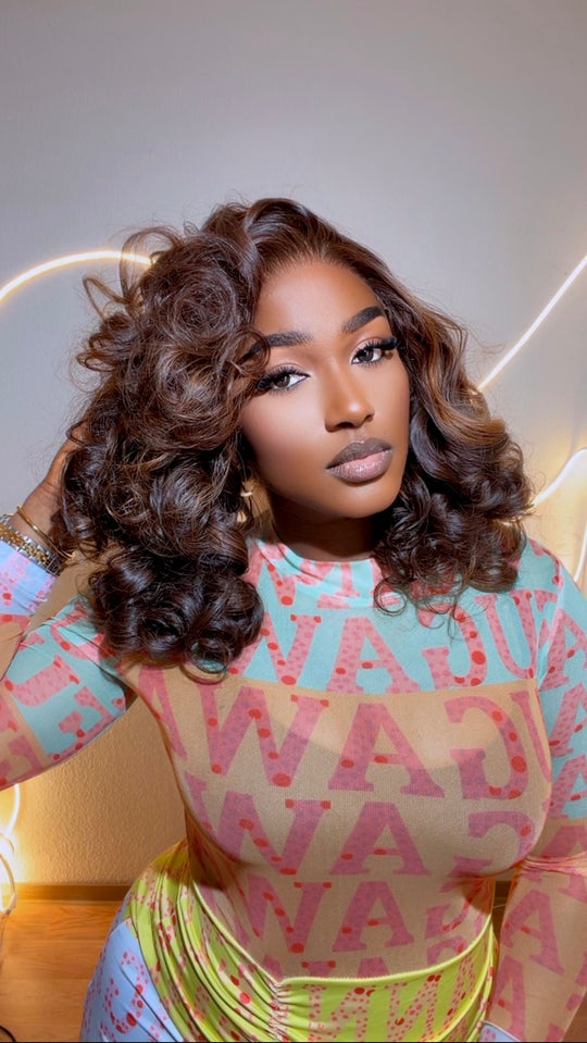 Brown highlight Hollywood fluffy bouncy wig