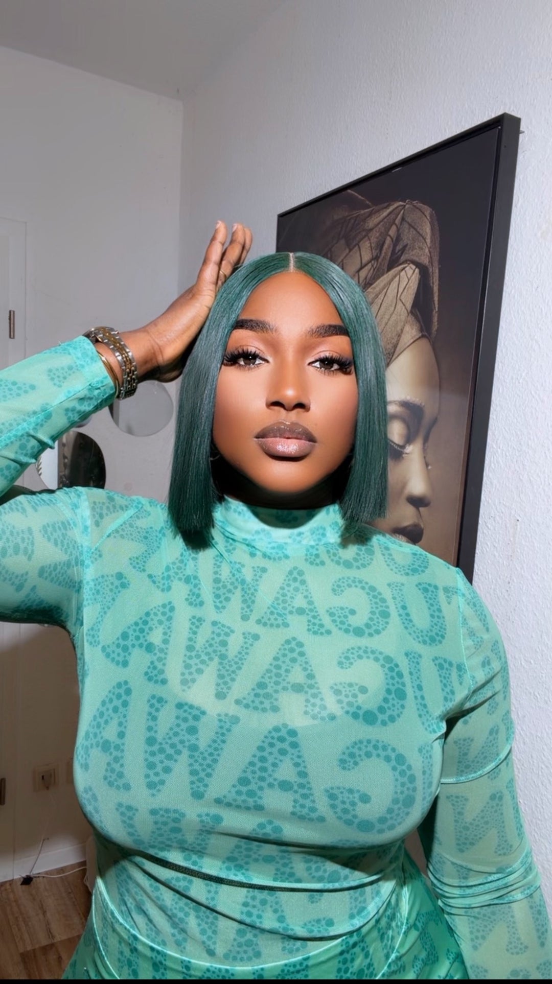 Green Blunt Cut Bone Straight Wig