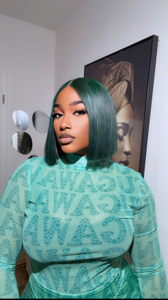 Green Blunt Cut Bone Straight Wig