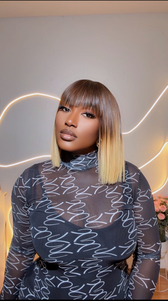 Blonde/Brown Blunt Cut Bob Fringe Bone Straight Wig